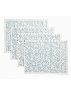 NWT Nicole Miller Set of 4 Blue Angelica Print Placemats White Lace India 14x19